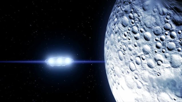 Spaceship flies past Moon and shining lights of engines, 3d animation. Texture of the Moon was created in the graphic editor without photos and other images.