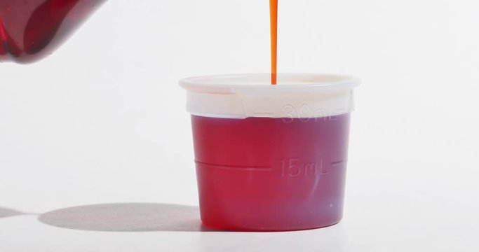 Liquid Red Cold Medicine Pouring into Cup Isolated on White, 4K