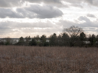 moody skyline clouds over autumn farm field