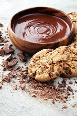 Chocolate cookies on grey table. Chocolate chip cookies shot