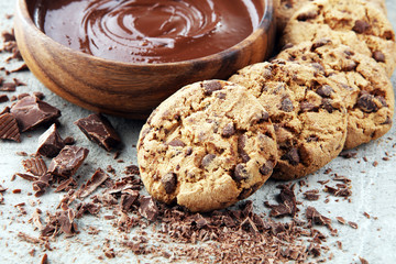 Chocolate cookies on grey table. Chocolate chip cookies shot