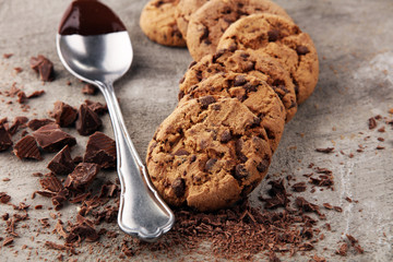 Chocolate cookies on grey table. Chocolate chip cookies shot