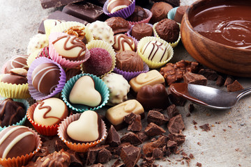a lot of variety chocolate pralines, belgian confectionery gourmet chocolate