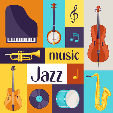 Jazz music retro poster with musical instruments