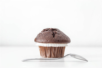 Delicious Chocolate Muffin on white background. Frontal view. Copy Space.