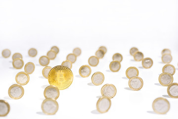 Abstract photo of cryptocyrrency. Some cryptocurrency coins in mans hand.