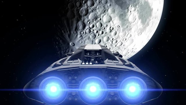 Destination Moon. Giant Spaceship flies to natural satellite of Earth, engines flashing, 3d animation. Texture of the Moon was created in the graphic editor without photos and other images.