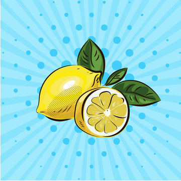 Yellow lemon and half lemon with green leaves on blue background vector illustration in pop art style