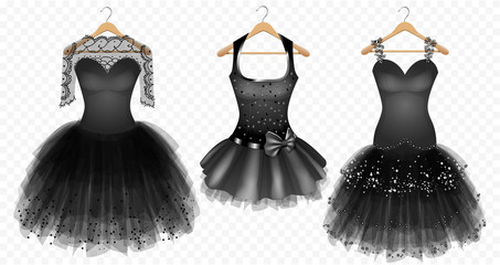 Three evening black dresses on hanger on transparent background