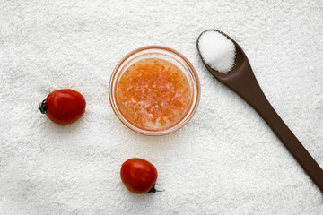 Fototapeta premium Tomato scrub made out of fresh tomato, sugar and coconut oil