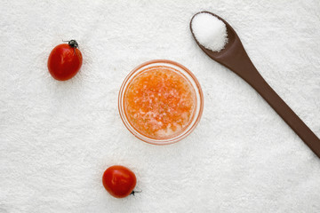 Tomato scrub made out of fresh tomato, sugar and coconut oil