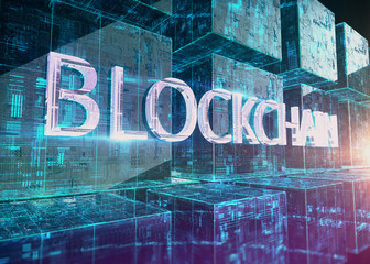 glass block with glowing micro chips in them and word blockchain in front. New techologies 3d...