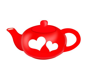 Isolated red teapot with two hearts on white background.