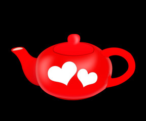 Isolated red teapot with two hearts on black background.