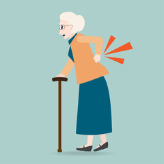 Elderly woman with stick and injury of the back pain icon, Old people sign