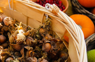 Unpeeled hazelnuts in a basket