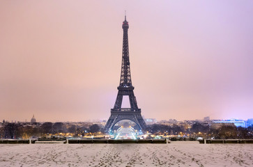 Paris under the snow during the winter, France