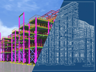 3D rendering of the construction of the overpass of technological metal structures. Architectural,...