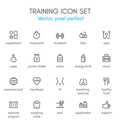 Training theme, line icon set.
