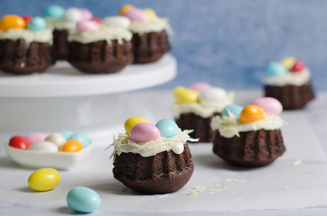 Mini Bundt Cakes Decorated with Chocolate Eggs, Easter Dessert