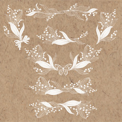 Floral arrangement with lily of the valley flowers. Vector illustrations, isolated  elements for design. Monochrome illustrations on a kraft paper. © maritime_m