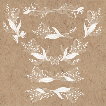 Floral arrangement with lily of the valley flowers. Vector illustrations, isolated  elements for design. Monochrome illustrations on a kraft paper.