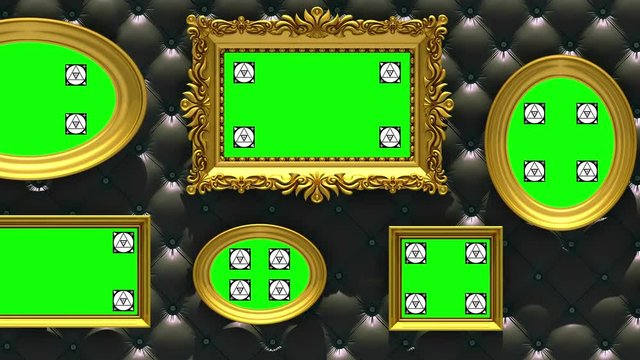 Picture gallery 3d animation. Gold picture frames on luxury black upholstery background. Camera moves along the wall, seamless loop. Motion tracking markers and green screen included.