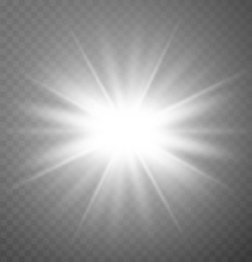 White glowing light burst explosion with transparent effect. Vector illustration.