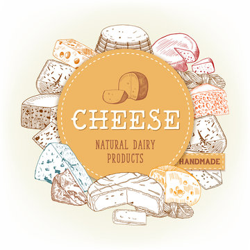 Cheese food banner with gouda and cheddar, chechil