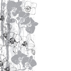 Floral seamless pattern with orchids. Black and white vector illustration. Silhouettes.