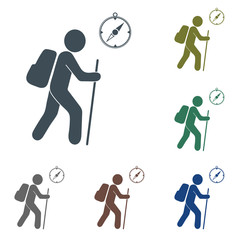 Hiking tourists with compass icon