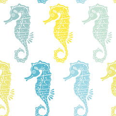  Seamless pattern with seahorses on a white background. Color vector illustration.