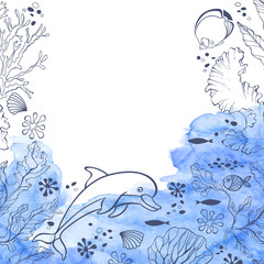Fototapeta na wymiar Marine background with dolphin and plants. Vector illustration with place for text on and blue watercolor element. Invitation, greeting card or an element for your design.