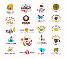 Collection of vector flat food and alcohol logo set isolated on white background. Hand drawn elements, dish icons. Perfect for restaurant, cafe, catering bars and fast food insignia banners, symbols.