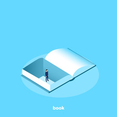 a man in a business suit is inside the book, an isometric image