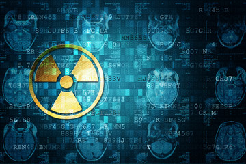 Golden Pixelated Radiation icon on blue digital background with copy space. Science concept