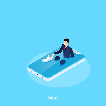 a man in a business suit sits in the smartphone's screen as in the bathroom and launches a paper boat, an isometric image