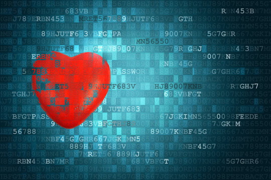 Pixelated Red Heart Symbol On Blue Abstract Technology Background