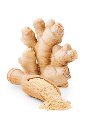 Fresh ginger root and dry powder isolated on white