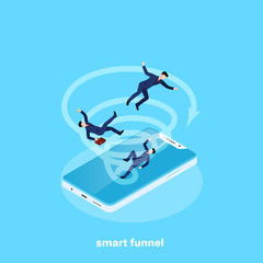a whirlwind in a smartphone draws people in business suits, an isometric image