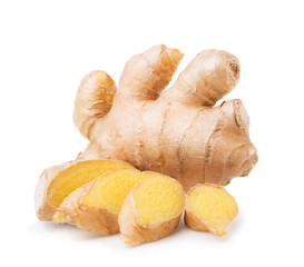 Ginger root with slices isolated on white