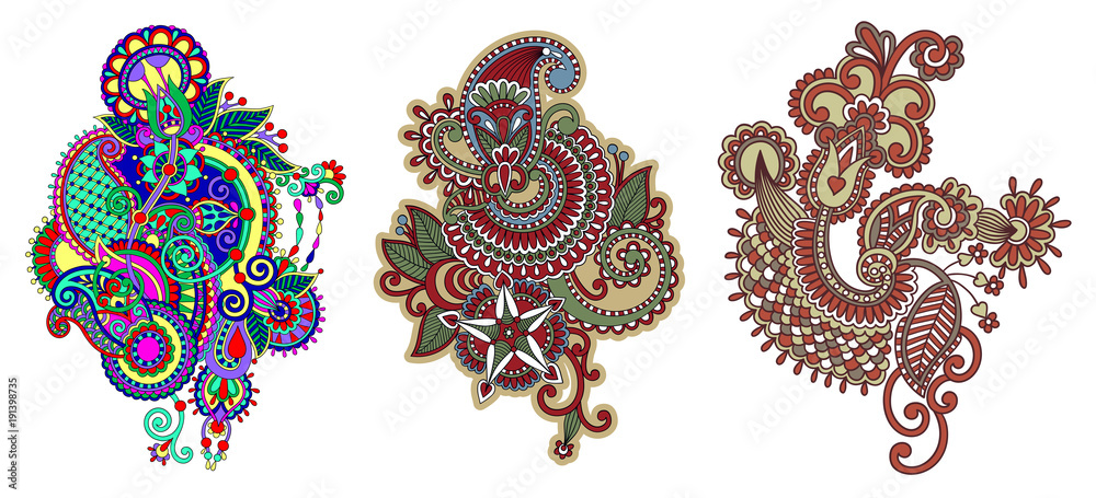 Sticker paisley flower pattern in ethnic style, indian decorative floral