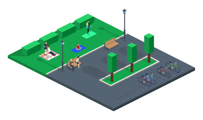 People relax in a green park vector illustration 3D isometric