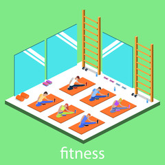 Class yoga and pilates, people are doing sports isometric 3D vector illustration