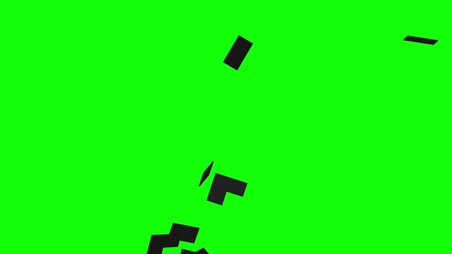 Black mosaic background breaks up into small pieces and reveals green screen. 3D animation, chroma key.