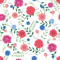Seamless pattern with flowers and leaves on white background . Vector illustration.