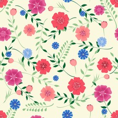 Seamless pattern with flowers and leaf branches on light yellow background . Vector illustration.