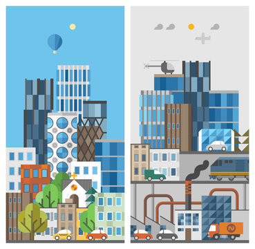 Ecology concept - two vertical banners in flat design style. Green city. Polluted city.