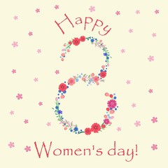 Women's day card with flowers and leaves. Vector illustration.