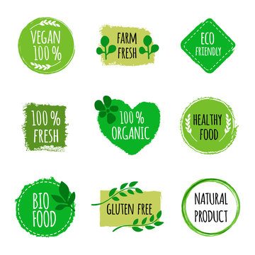 Set of vegan logos, badges, signs. Hand drawn bio, healthy food badges. Vegan logo. Vector illustration